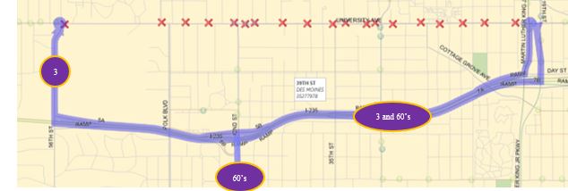 3 Outbound:  University (W), Left (S) on MLK, Right (W) on I-235, Exit 5A to 56th, Right (N) on 56th, Left (W) on University back on route. 3 Inbound:  University (E), Right (S) on 56th, Left (E) on I-235, Exit 7A to 19th, Left (N) on 19th, Right (E) on University back on route. 60 University:   University (W), Left (S) on MLK, Right (W) on I-235, Exit 5B to 42nd, Left (S) on 42nd back on route. 60 Ingersoll:  42nd (N), Right (E) on I-235, Exit 7A to 19th, Left (N) on 19th, Right (E) on University back on route.