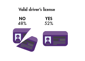 Graph showing DART riders with a valid driver's license. 48 percent do not have a valid driver's license, while 52 percent say yes they do have a valid driver's license.