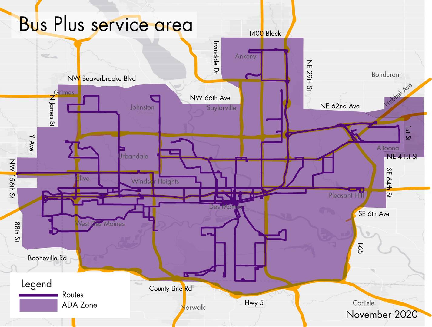 Map of the Bus Plus service area from November 2020.